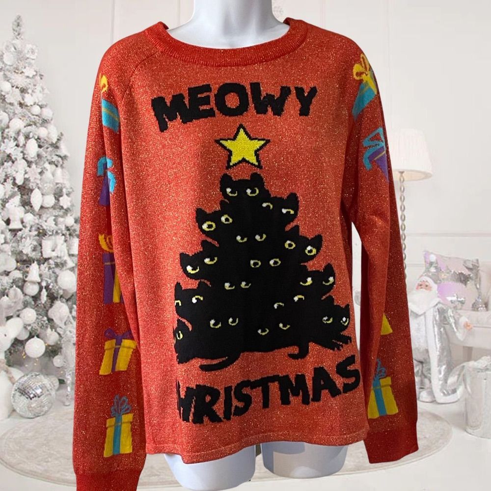 Ugly Christmas Sweater Red Glitter 'Meowy Christmas' Cat Tree Sweater